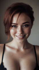 Portrait of a young red-haired woman with a bright smile in a minimalist style.
