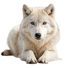 Obraz premium A majestic white wolf lies calmly, its gaze fixed on the viewer. Transparent PNG for easy isolation. Ideal for wildlife, nature, or fantasy-themed projects.