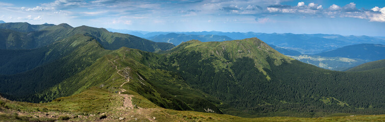 panoramic view of tourist route, of the Chornohirsky ridge in Carpathians, Ukraine.