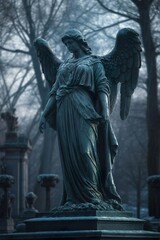 Obraz premium statue of an angel in the cemetery, low lighting, realistic photo.