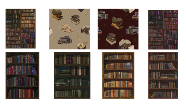 Set of seamless patterns with books and bookcases for the design of a library, science studio, bookstore, school, institute