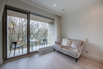 Modern Home Living Room Interior. Luxurious Stylish Modern Apartment. Open Interior, Stylish Sofa, Balcony, Scandinavian Design. Windows and Curtains.