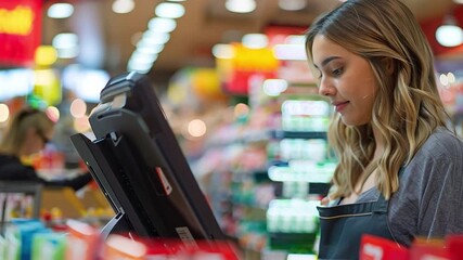  A dedicated cashier attentively operating a register in a bustling grocery store, exemplifying professionalism and customer service in a retail environment.

