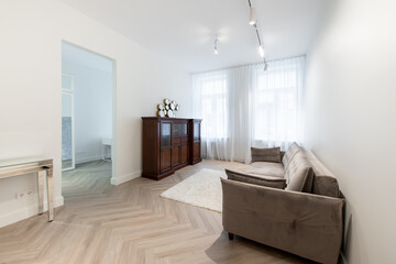 Classic Style Home Living Room Interior. Stylish Modern Apartment. Open Interior, Stylish Sofa, Couch, White Carpet, Windows and Curtains. Wooden Chest of Drawers, Commode in Background