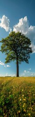 Obraz premium Lone tree in a field with a sky background, Nature background, Vertical background