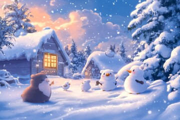 Fototapeta premium Frosty Friends: A Whimsical Animated Snow Scene with Companionable Snow Creatures, Celebrating the Playful Side of Winter.