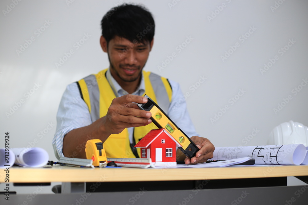 Wall mural asian architect and designer using blueprints and laptop to draw building structure in office. const