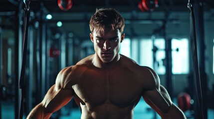 Fototapeta premium Intense fitness Training Session: Young Caucasian Male Athlete Showcasing Muscle Definition and Sweat in Indoor Gym