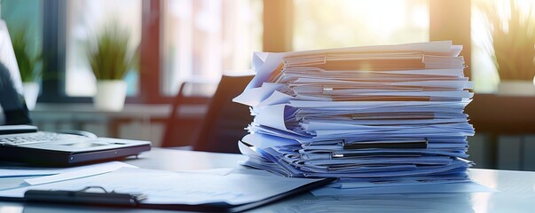 A Tower of Paperwork A Pile of Documents on a Desk, office, documents, paperwork, work