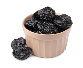 Tasty dried plums (prunes) in bowl on white background