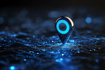 An abstract digital background banner featuring a geotag location point surrounded by connecting data points in blue and black colors. 