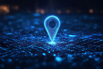 An abstract digital background banner featuring a geotag location point surrounded by connecting data points in blue and black colors. 