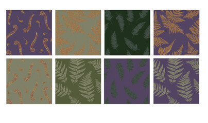 Collection of seamless autumn and summer patterns with branches of green and yellow fern on a green and purple background