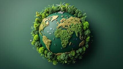 Earth with water conservation and renewable energy symbols minimal icon flat green background illustration space for Ad