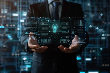 businessman with outstretched arms holding AI search engine panel