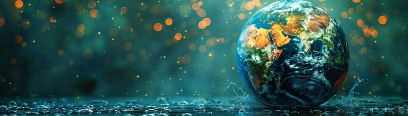 Earth with water conservation and renewable energy symbols minimal icon flat green background illustration space for Ad