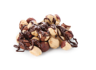 Hazelnuts with melted chocolate isolated on white