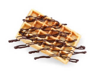 Delicious Belgian waffle with melted chocolate isolated on white, top view