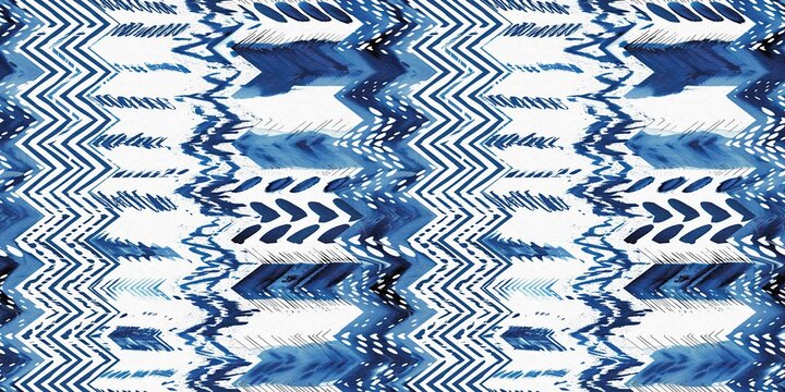 Summery ikat zig zag border pattern in painterly brushstroke digital design. Modern coastal living printed textile decor in seamless banner tape template.