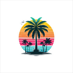 Minimalist vector illustration of a palm tree silhouette against a colorful sunset beach, Beach sunset with palm tree silhouette