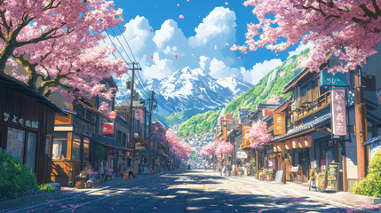 Fototapeta premium Beautiful Anime City Street in Spring