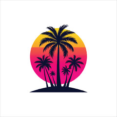 Obraz premium Minimalist vector illustration of a palm tree silhouette against a colorful sunset beach, Beach sunset with palm tree silhouette