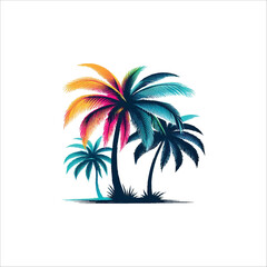 Minimalist vector illustration of a palm tree silhouette against a colorful sunset beach, Beach sunset with palm tree silhouette