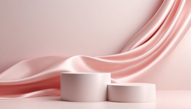 Two cylindrical white podiums with a flowing pink silk fabric drape, ideal for product presentation or mock-up