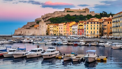 Obraz premium Stunning waterfront marina with boats, colorful buildings, and a historic fortress under a twilight sky. Ideal for travel enthusiasts, architecture lovers, and history buffs.