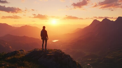 Obraz premium Silhouette of a person standing on a mountain with cinematic lighting during sunrise after hiking. Person standing on a mountain during sunrise