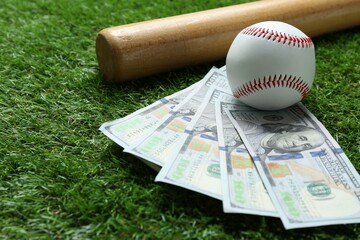 Baseball ball, bat and dollar banknotes on green grass outdoors, closeup