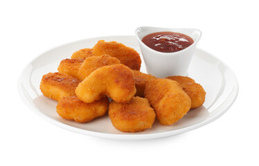 Tasty chicken nuggets with chili sauce isolated on white