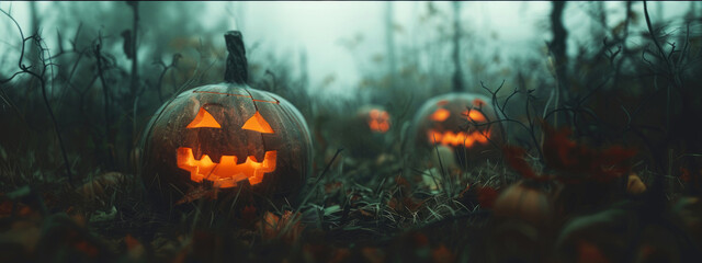 Fototapeta premium Halloween pumpkins in the forest at night. 3d render
