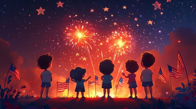 Cartoon kids watching fireworks on Memorial Day with flags stars and patriotic decorations