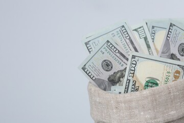 Dollar banknotes in bag on grey background, closeup. Space for text