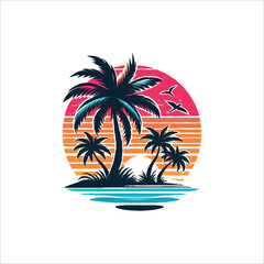 Minimalist vector illustration of a palm tree silhouette against a colorful sunset beach, Beach sunset with palm tree silhouette