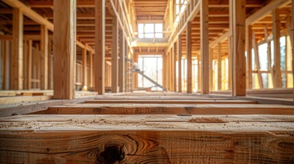 Fototapeta premium Wooden house frame under construction with natural lighting