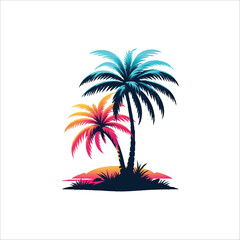 Minimalist vector illustration of a palm tree silhouette against a colorful sunset beach, Beach sunset with palm tree silhouette