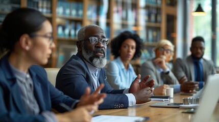 A diverse group of businesspeople sitting at the table, smiling and looking happy while having an office meeting in front view.