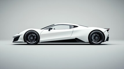 Fototapeta premium White sports car is shown like a studio photo with a gray background and a black rimmed tire. Supercar concept. Side view. Generative AI technology. sports. Illustrations