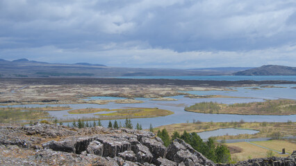 Icelandic landscape in the national park Pingvellir, a national geological landmark at a continental rift