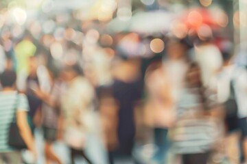 A blurry photo of a crowd of people with a red umbrella in the background. Concept of movement and energy, as if the people are in the middle of a busy street or festival