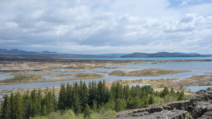 Icelandic landscape in the national park Pingvellir, a national geological landmark at a continental rift