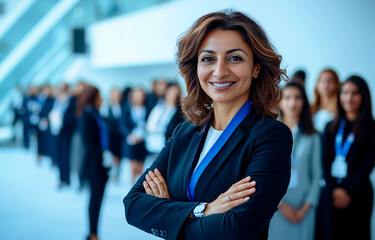 Fototapeta premium A confident businesswoman stands with arms crossed, leading a team of professionals at a conference, showcasing leadership and teamwork. 