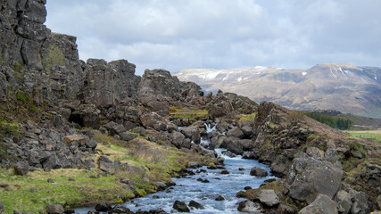 Icelandic landscape in the national park Pingvellir, a national geological landmark at a continental rift