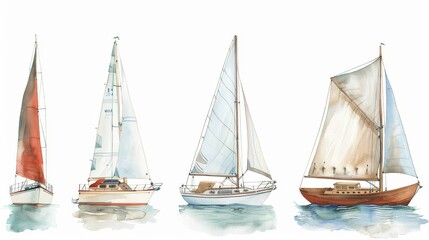 Fototapeta premium Watercolor Sailboats, Four Sailboats, Watercolor Art, Ocean Boats, Sailboat Artwork