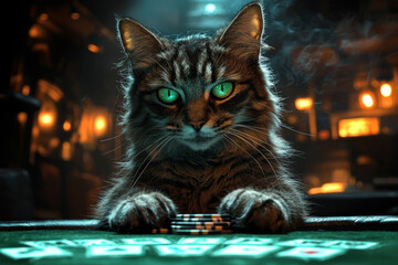 Animal Cat plays poker blackjack in a casino, fantasy