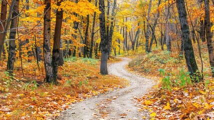 Fototapeta premium Winding Path Through Vibrant Fall Forest With Colorful Leaves and Trees