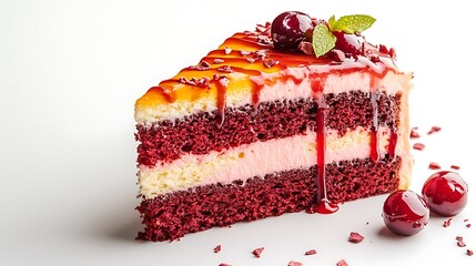Delicious Dripping Cake Slice on a white background, Generative AI
