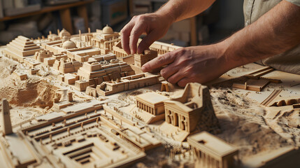 A historian reconstructing an ancient city model using archaeological data. Focus on carefully placing tiny artifacts. 